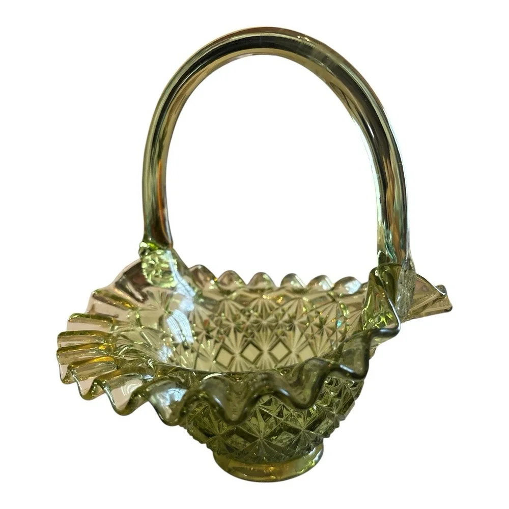 Vintage Fenton Diamond Weave Ruffle Trim Olde Virginia Glass Basket Home Décor